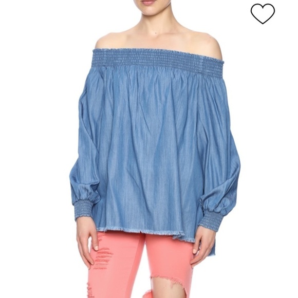 DO + BE - CHAMBRAY OFF THE SHOULDER TOP - DARK WASH - TENCEL/COTTON BLEND B19 - Picture 3 of 11